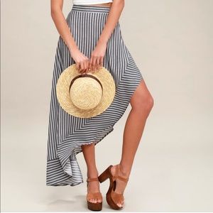 Lulu’s Asymmetrical Maroon and Navy Striped Skirt